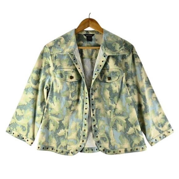 Denim Jacket 3/4 Sleeves L Multiples Pastel Blue Green Brass Accents Open Front - Picture 2 of 15